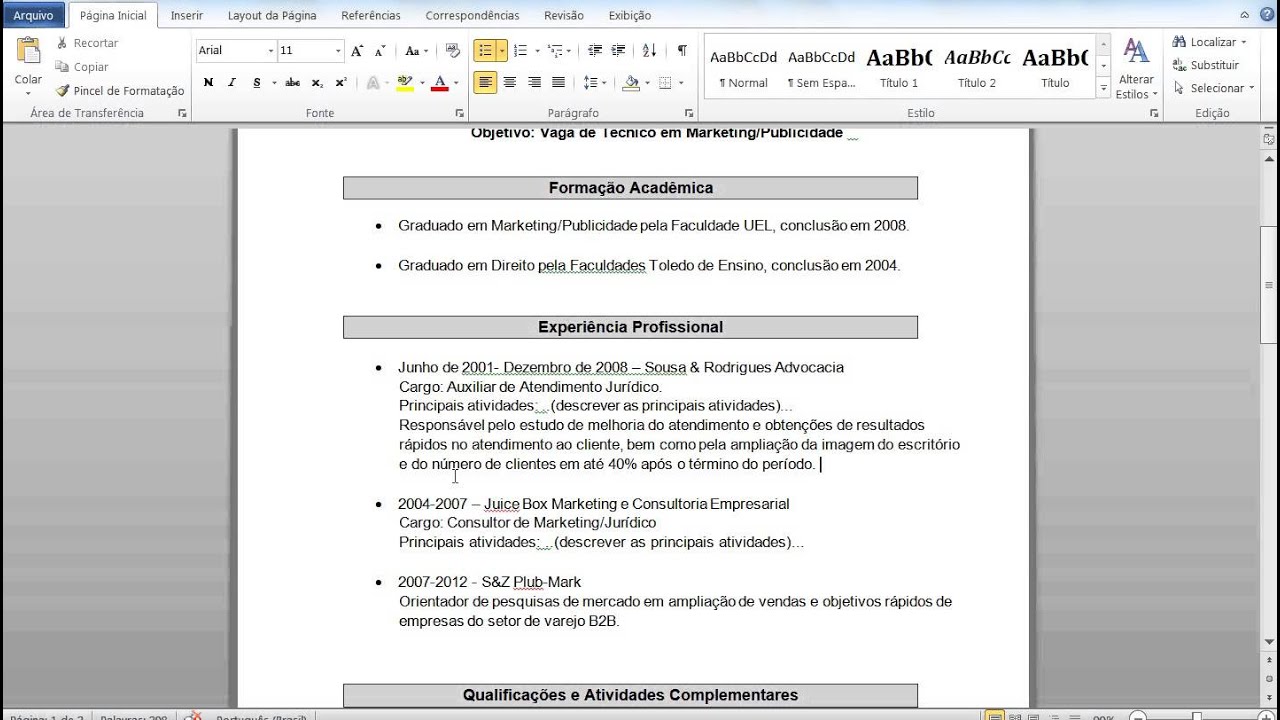 Como montar um Modelo de Currículo Video Aula Prática