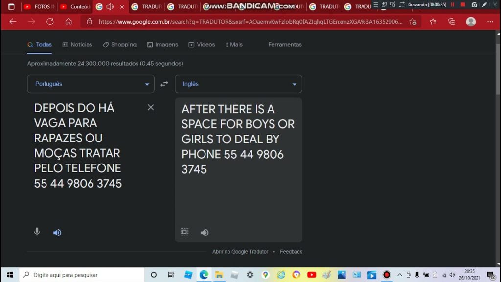VERSÃO DO HÁ VAGAS PARA RAPAZES TRATAR PELO TELEFONE NO GOOGLE TRADUTOR